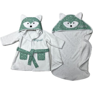 Set de bebé albornoz y capa Zorrito menta y blanco