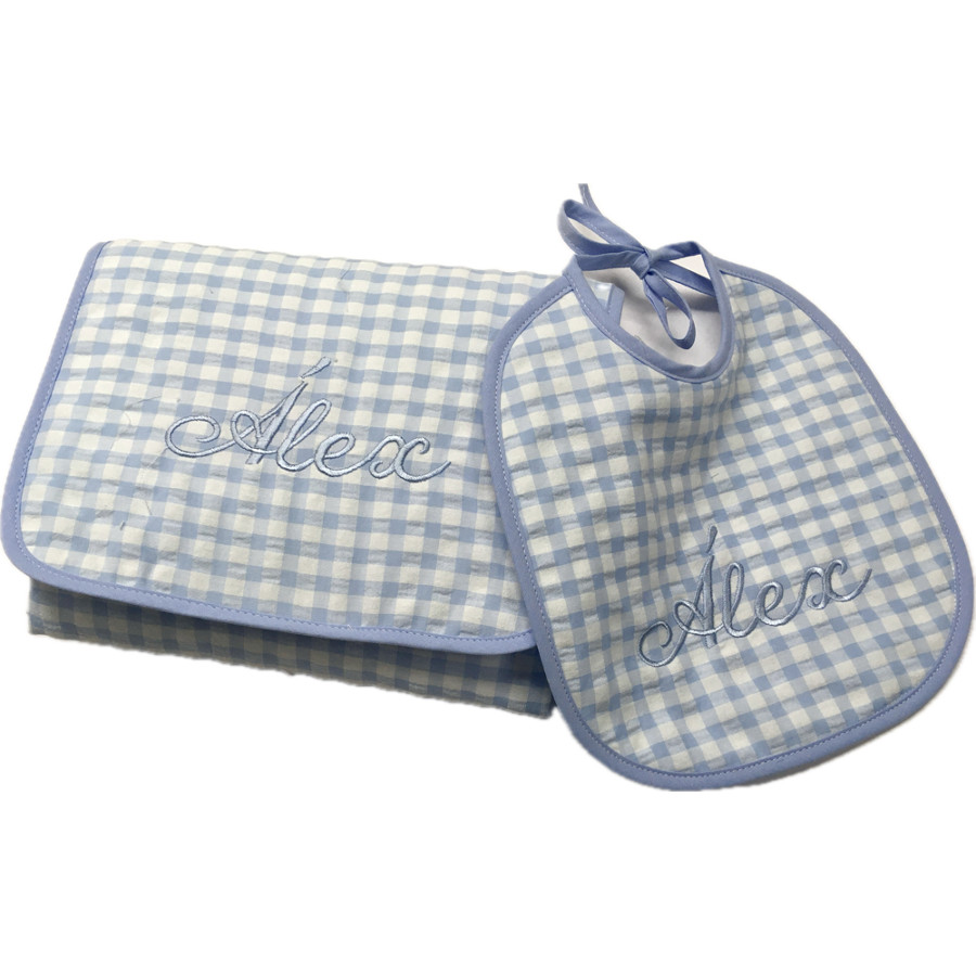 Set de bebé cambiador y babero vichy azul