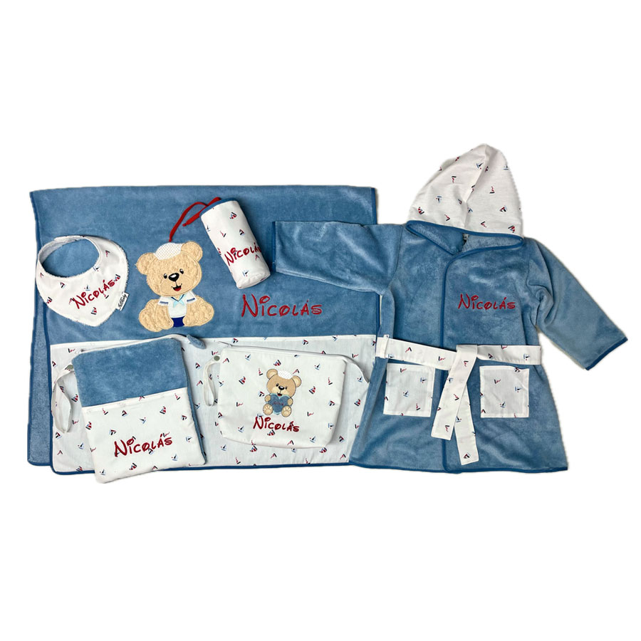 Canastilla de bebé completa en azul Barcos y Osito Marinero - Imagen 3