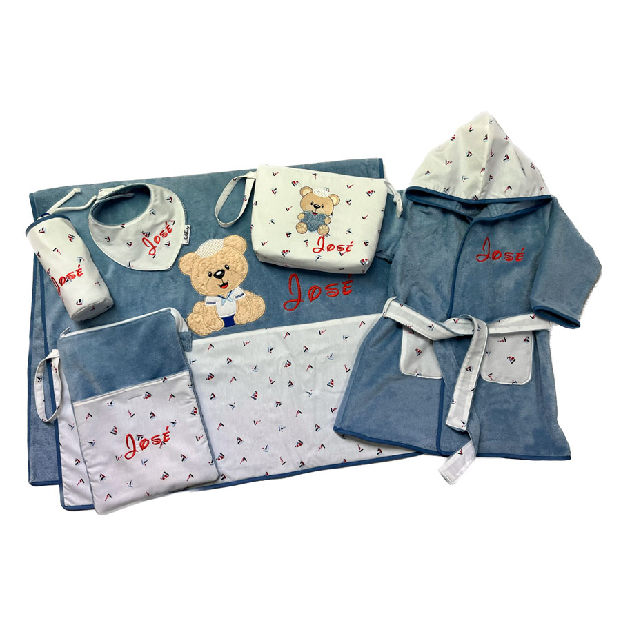 Canastilla de bebé completa en azul Barcos y Osito Marinero - Imagen 2