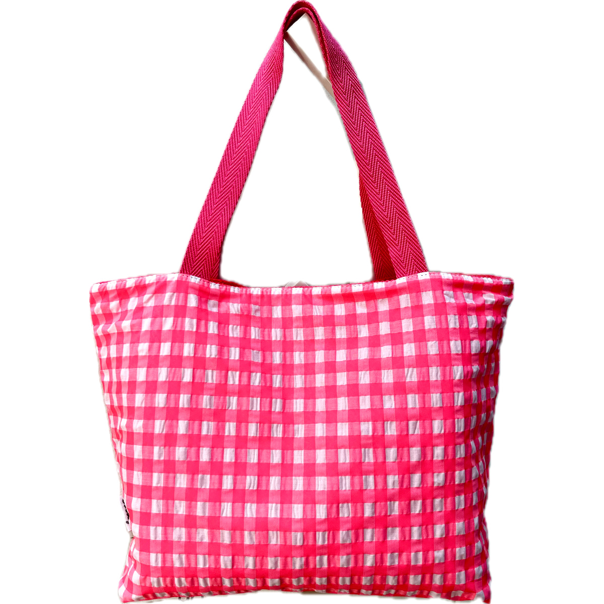 Bolsa de playa reversible vichy en color rosa flúor, tejido rejilla 3D, asas color rosa neón, ideal para verano, días de playa piscina, para ir de compras