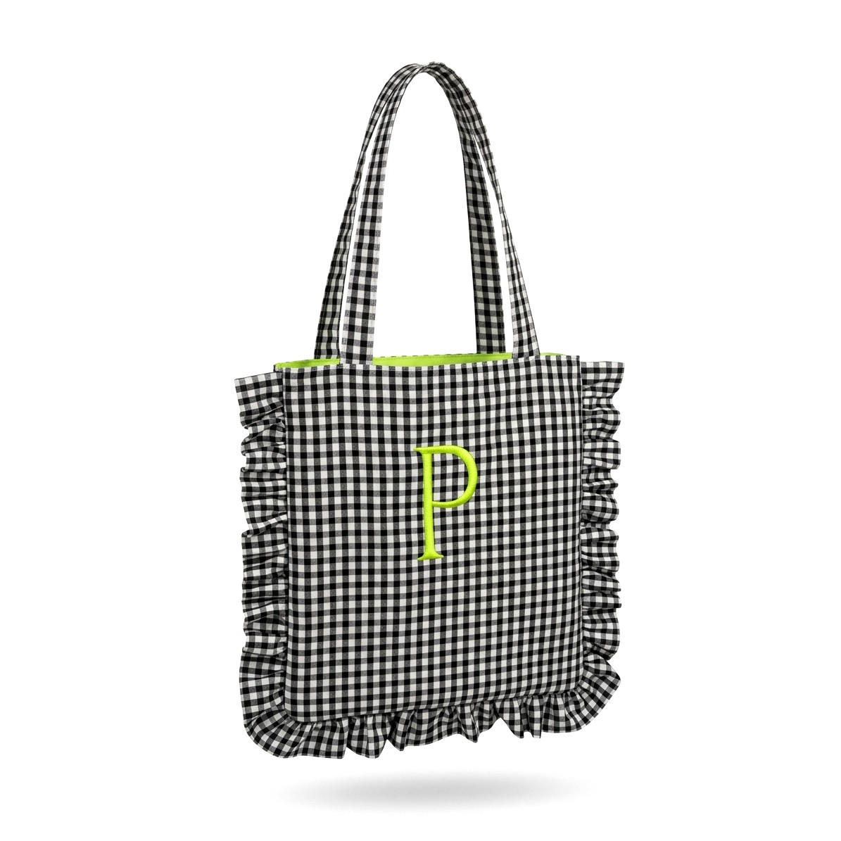 Bolsa de tela vichy seersucker blanca y negra con volantes e inicial P maxi bordada en color verde flúor en el centro